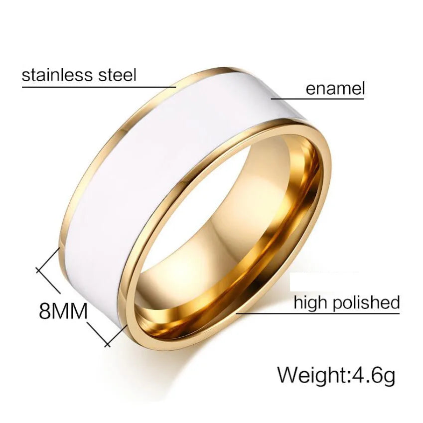 Hot Sale Gold Color Plating Stainless Steel Rings Cover Pure White Enamel Classic Ring Inisde Polished For Women Man Valentine