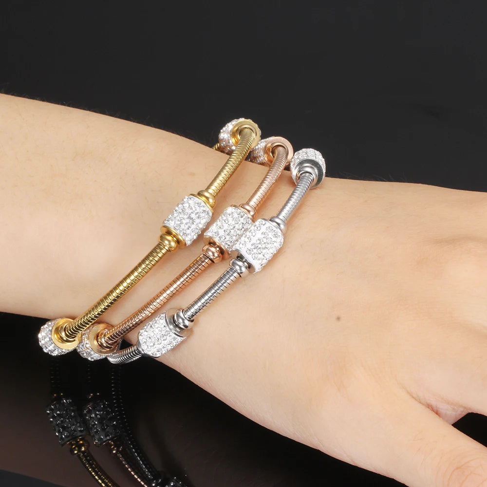 New Arrival Women Crystal Bead Bracelet Bangles Stainless Steel Snake Chain Fashion Women Wedding Jewelry