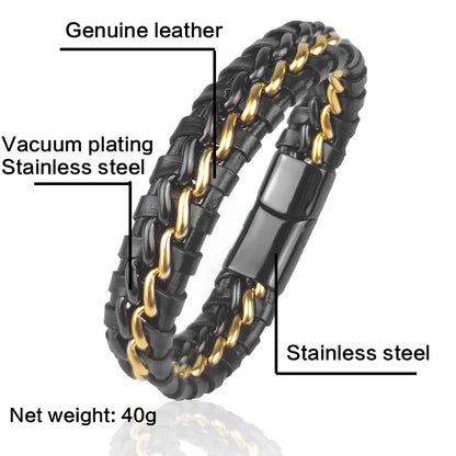 Genuine Leather Chain Bracelet for Men Magnetic Stainless Steel Clasp in Plated Gold Exclusive Jewellery Gift Wholesale Dropping