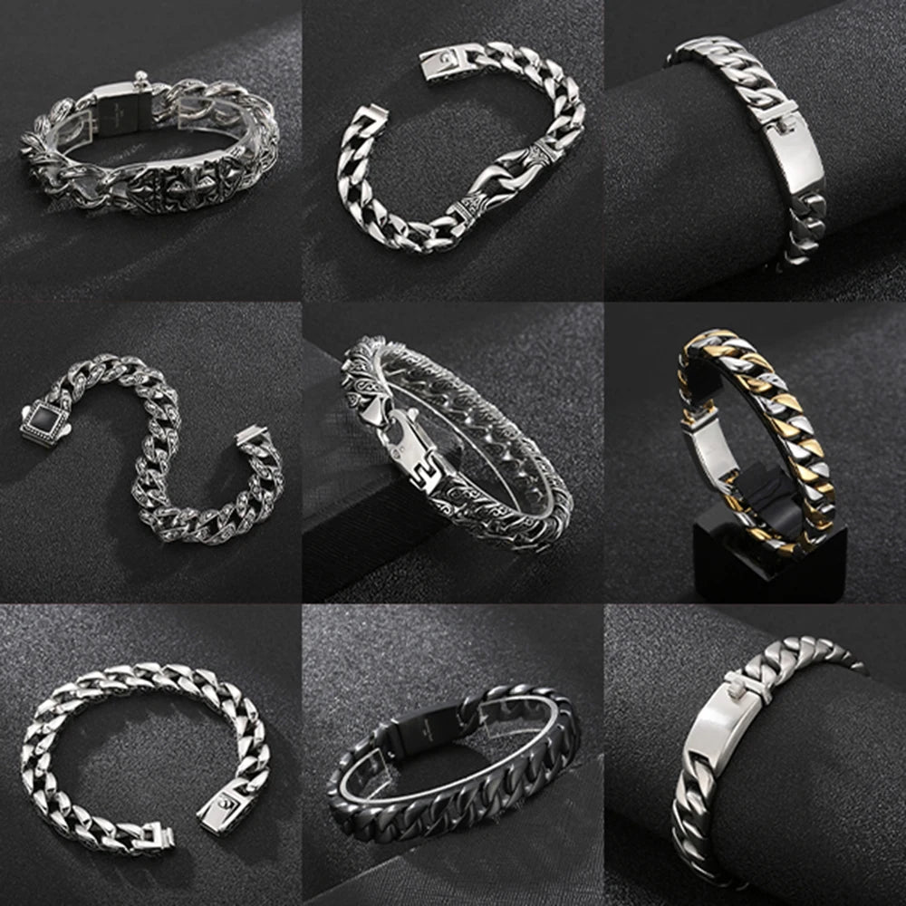 Man Bracelet Homme 12MM Wide Stainless Steel Curb Chain Charm Bracelets Hand Bands for Men Vintage Mens Jewellery Accessories