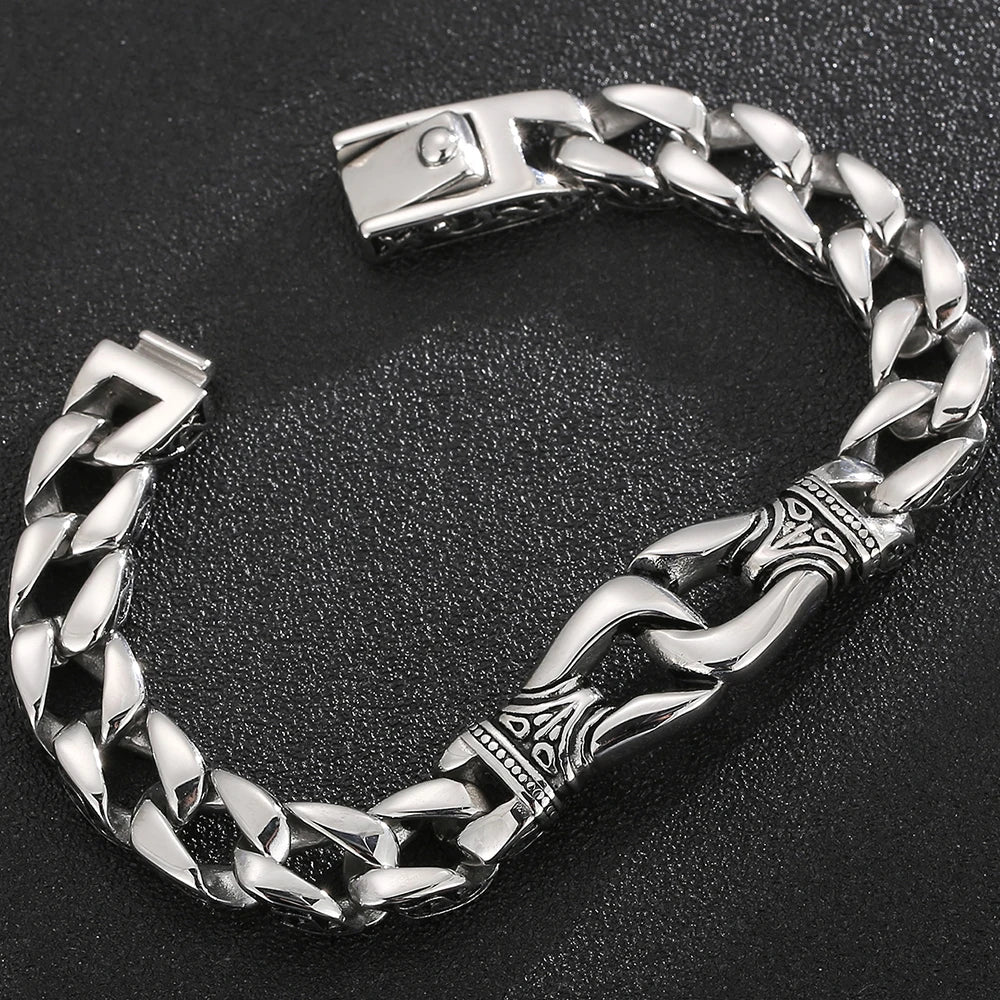 Man Bracelet Homme 12MM Wide Stainless Steel Curb Chain Charm Bracelets Hand Bands for Men Vintage Mens Jewellery Accessories