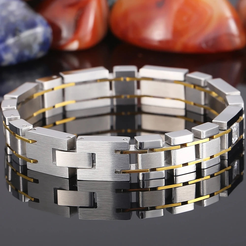 Amazing Gold Plated Men's Link Bracelet With AAA CZ Matter Brushed Polished Stainless Steel Jewelry Birthday Gifts for Him Dad